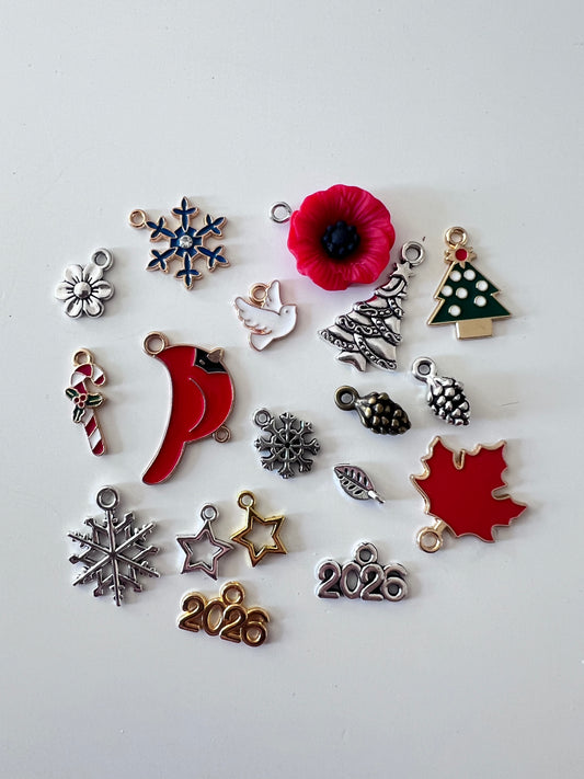 Photo of assorted ornament charms, including snowflakes, stars, a maple leaf and a Christmas tree